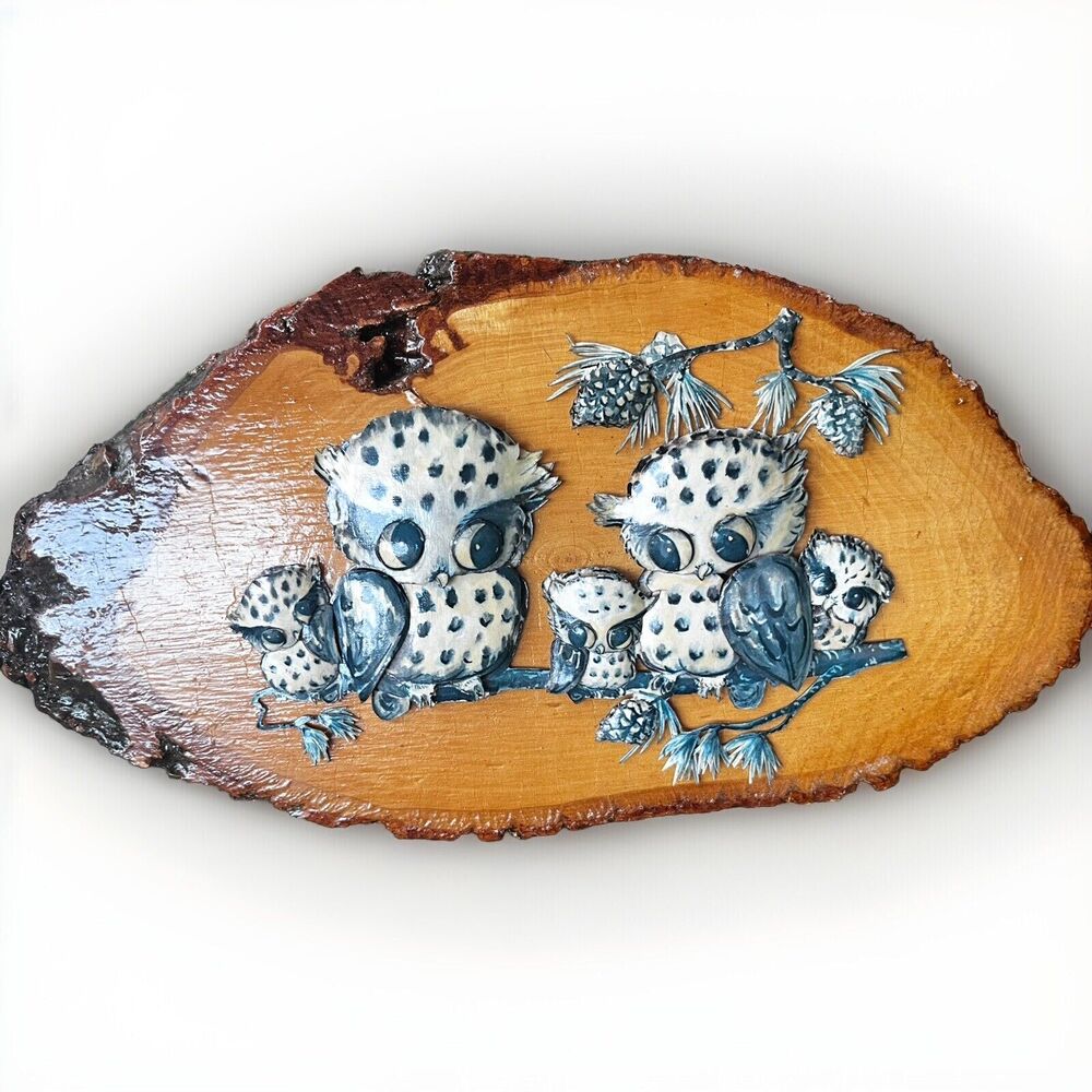 Handmade Wood Slice Appliquéd 3D Wood Hand Painted Owls Signed